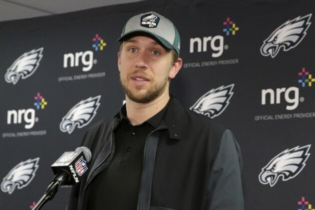 Philadelphia Eagles quarterback Nick Foles speaks after an NFL wild-card playoff football game against the Chicago Bears\ Sunday, Jan. 6, 2019, in Chicago. The Eagles won 16-15. (AP Photo/David Banks)