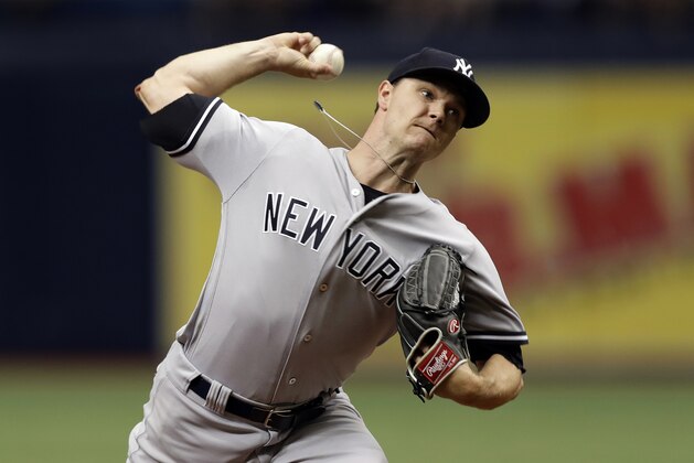 New York Yankees starting pitcher Sonny Gray delivers to the Tampa Bay Rays during the first inning of a baseball game Saturday, June 23, 2018, in St. Petersburg, Fla. (AP Photo/Chris O'Meara)