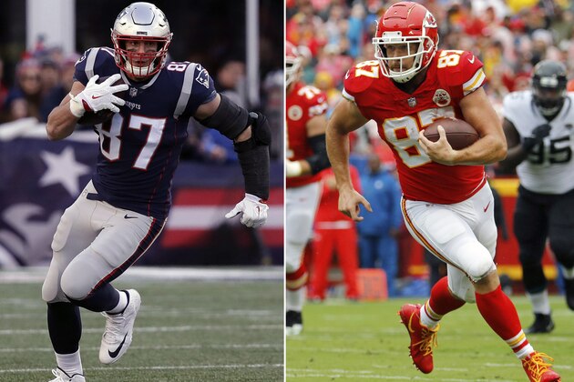 FILE - At left, in a Dec. 30, 2018, file photo, New England Patriots tight end Rob Gronkowski runs during the second half of an NFL football game in Foxborough, Mass. At right, in an Oct. 7, 2018, file photo, Kansas City Chiefs tight end Travis Kelce carries the ball during the first half of an NFL football game against the Jacksonville Jaguars in Kansas City, Mo. Brady and Mahomes get plenty of attention, but they can’t do it alone. Patriots running back James White tied Darren Sproles’ postseason record with 15 catches in their 41-28 divisional victory over the Chargers, while Rob Gronkowski and Julian Edelman remain dangerous threats. The Chiefs counter with the pass-catching trio of speedy Tyreek Hill, Sammy Watkins and sure-handed Travis Kelce. (AP Photo/File)
