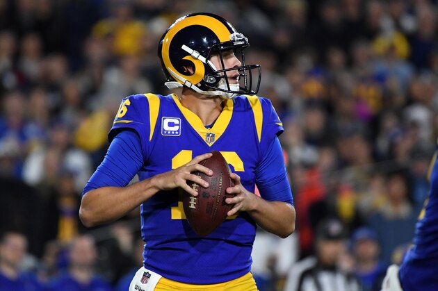 LOS ANGELES, CA - JANUARY 12:  Jared Goff #16 of the Los Angeles Rams looks to pass in the first half against the Dallas Cowboys in the NFC Divisional Playoff game at Los Angeles Memorial Coliseum on January 12, 2019 in Los Angeles, California.  (Photo by Harry How/Getty Images)