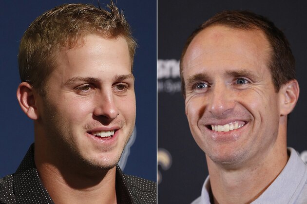 FILE - At left, in an Oct. 21, 2018, file photo, Los Angeles Rams quarterback Jared Goff speaks at a news conference after an NFL football game against the San Francisco 49ers in Santa Clara, Calif. At right, in an Aug. 25, 2018, file photo, New Orleans Saints quarterback Drew Brees speaks after an NFL preseason football game against the Los Angeles Chargers in Carson, Calif. The Rams and Saints will play in the NFC conference championship on Sunday, Jan. 20, in New Orleans. (AP Photo/File)