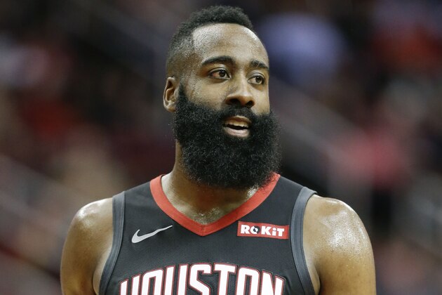 Houston Rockets guard James Harden walks on the court during a timeout during the second half of the team's NBA basketball game against the Cleveland Cavaliers, Friday, Jan. 11, 2019, in Houston. (AP Photo/Eric Christian Smith)
