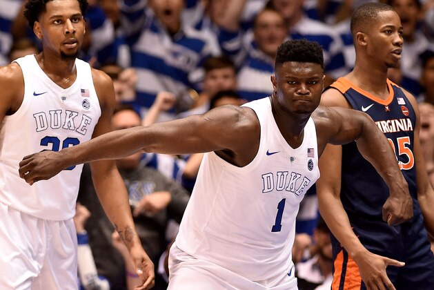 DURHAM, NORTH CAROLINA - JANUARY 19: Zion Williamson #1 of the Duke Blue Devils reacts after scoring against the Virginia Cavaliers during the first half of their game at Cameron Indoor Stadium on January 19, 2019 in Durham, North Carolina. (Photo by Grant Halverson/Getty Images)