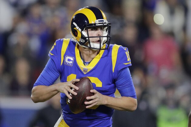 Los Angeles Rams quarterback Jared Goff looks to pass during the first half in an NFL divisional football playoff game against the Dallas Cowboys Saturday, Jan. 12, 2019, in Los Angeles. (AP Photo/Jae C. Hong)