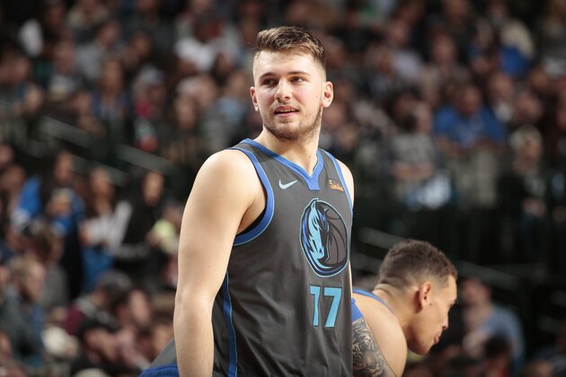 DALLAS, TX - JANUARY 16: Luka Doncic #77 of the Dallas Mavericks looks on during the game against the San Antonio Spurs on January 16, 2019 at the American Airlines Center in Dallas, Texas. NOTE TO USER: User expressly acknowledges and agrees that, by downloading and or using this photograph, User is consenting to the terms and conditions of the Getty Images License Agreement. Mandatory Copyright Notice: Copyright 2019 NBAE (Photo by Glenn James/NBAE via Getty Images)