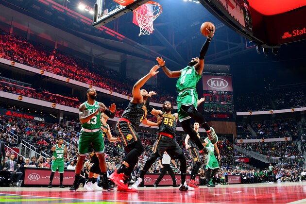 ATLANTA, GA - JANUARY 19: Kyrie Irving #11 of the Boston Celtics shoots the ball against the Atlanta Hawks on January 19, 2019 at State Farm Arena in Atlanta, Georgia.  NOTE TO USER: User expressly acknowledges and agrees that, by downloading and/or using this Photograph, user is consenting to the terms and conditions of the Getty Images License Agreement. Mandatory Copyright Notice: Copyright 2019 NBAE (Photo by Scott Cunningham/NBAE via Getty Images)