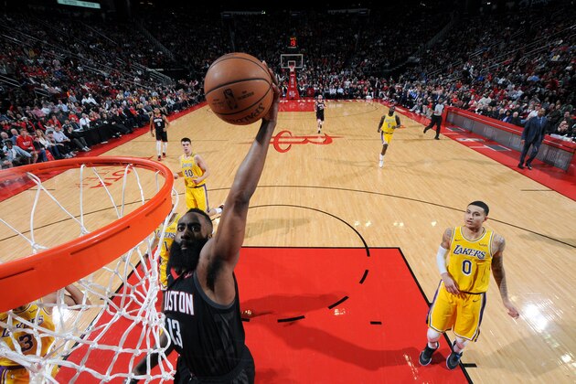 HOUSTON, TX - JANUARY 19: James Harden #13 of the Houston Rockets dunks the ball against the Los Angeles Lakers on January 19, 2019 at the Toyota Center in Houston, Texas. NOTE TO USER: User expressly acknowledges and agrees that, by downloading and/or using this photograph, user is consenting to the terms and conditions of the Getty Images License Agreement. Mandatory Copyright Notice: Copyright 2019 NBAE (Photo by Bill Baptist/NBAE via Getty Images)