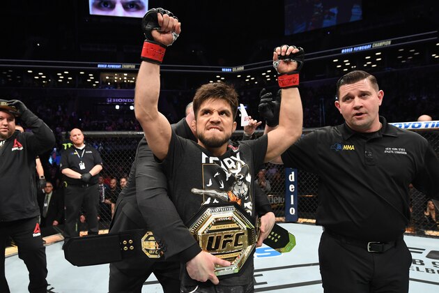 NEW YORK, NY - JANUARY 19:  Henry Cejudo celebrates his TKO victory over TJ Dillashaw in their flyweight bout during the UFC Fight Night event at the Barclays Center on January 19, 2019 in the Brooklyn borough of New York City. (Photo by Josh Hedges/Zuffa LLC/Zuffa LLC via Getty Images)
