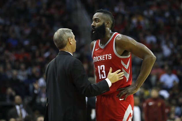 HOUSTON, TX - NOVEMBER 09:  Associate head coach Jeff Bzdelik talks with James Harden #13 of the Houston Rockets in the second half against the Cleveland Cavaliers at Toyota Center on November 09, 2017 in Houston, Texas.  NOTE TO USER: User expressly acknowledges and agrees that, by downloading and or using this photograph, User is consenting to the terms and conditions of the Getty Images License Agreement.  (Photo by Tim Warner/Getty Images)