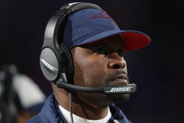 BUFFALO, NY - OCTOBER 29: Linebackers coach Brian Flores of the New England Patriots looks on from the sideline during NFL game action against the Buffalo Bills at New Era Field on October 29, 2018 in Buffalo, New York. (Photo by Tom Szczerbowski/Getty Images)