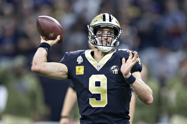 NEW ORLEANS, LA - NOVEMBER 4:  Drew Brees #9 of the New Orleans Saints throws a pass during a game against the Los Angeles Rams at Mercedes-Benz Superdome on November 4, 2018 in New Orleans, Louisiana.  The Saints defeated the Rams 45-35.  (Photo by Wesley Hitt/Getty Images)