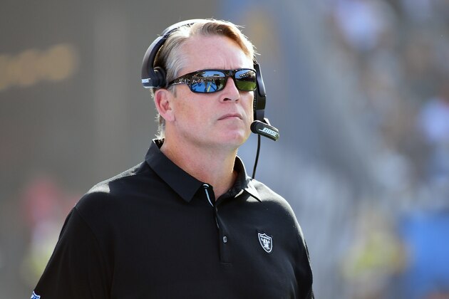 CARSON, CA - DECEMBER 31:  Head Coach Jack Del Rio of the Oakland Raiders looks on during the first quarter of the game against the Los Angeles Chargers at StubHub Center on December 31, 2017 in Carson, California.  (Photo by Harry How/Getty Images)