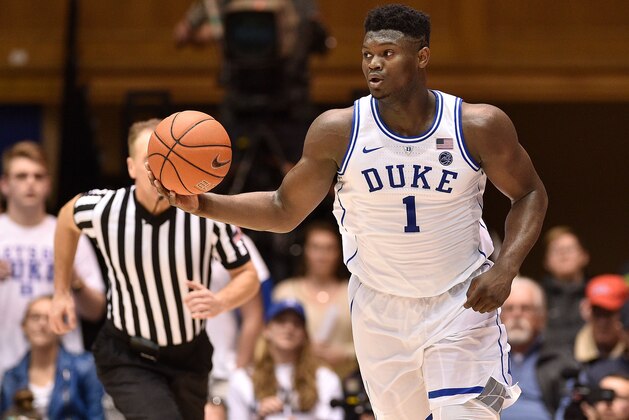 DURHAM, NORTH CAROLINA - JANUARY 14: Zion Williamson #1 of the Duke Blue Devils moves the ball against the Syracuse Orange during their game at Cameron Indoor Stadium on January 14, 2019 in Durham, North Carolina. Syracuse won 95-91 in overtime. (Photo by Grant Halverson/Getty Images)