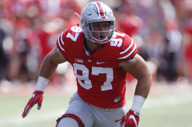 Ohio State defensive end Nick Bosa plays against Bowling Green during an NCAA college football game Saturday, Sept. 3, 2016, in Columbus, Ohio. (AP Photo/Jay LaPrete)