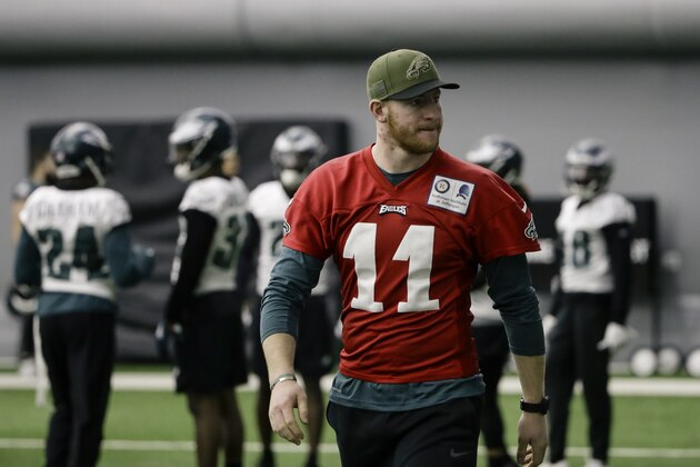 Philadelphia Eagles quarterback Carson Wentz walks onto the field during practice at the team's NFL football training facility in Philadelphia, Friday, Jan. 11, 2019. (AP Photo/Matt Rourke)
