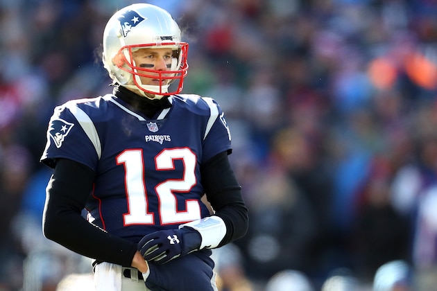 FOXBOROUGH, MASSACHUSETTS - JANUARY 13: Tom Brady #12 of the New England Patriots looks on during the game against the Los Angeles Chargers at Gillette Stadium on January 13, 2019 in Foxborough, Massachusetts. (Photo by Maddie Meyer/Getty Images)