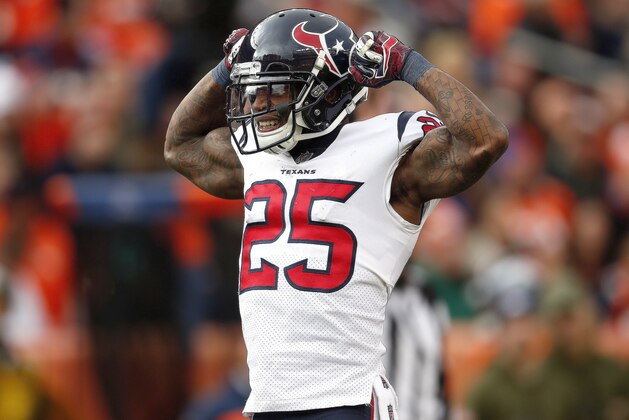 Houston Texans strong safety Kareem Jackson (25) celebrates against the Denver Broncos during the first half of an NFL football game, Sunday, Nov. 4, 2018, in Denver. (AP Photo/David Zalubowski)