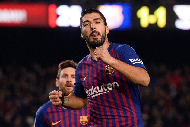 Barcelona's Uruguayan forward Luis Suarez celebrates after scorign a goal during the Spanish League football match between Barcelona and Leganes at the Camp Nou stadium in Barcelona on January 20, 2019. (Photo by Josep LAGO / AFP)        (Photo credit should read JOSEP LAGO/AFP/Getty Images)