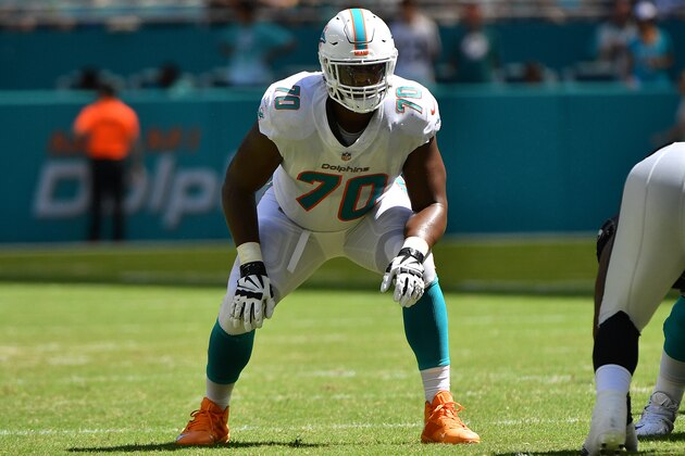 MIAMI, FL - SEPTEMBER 23: Ja'Wuan James #70 of the Miami Dolphins in action during the game against the Oakland Raiders at Hard Rock Stadium on September 23, 2018 in Miami, Florida. (Photo by Mark Brown/Getty Images)