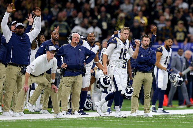 NEW ORLEANS, LOUISIANA - JANUARY 20: Jared Goff #16 of the Los Angeles Rams celebrates after Greg Zuerlein #4 kicked a game tying field goal against the New Orleans Saints during the fourth quarter in the NFC Championship game at the Mercedes-Benz Superdome on January 20, 2019 in New Orleans, Louisiana. (Photo by Jonathan Bachman/Getty Images)