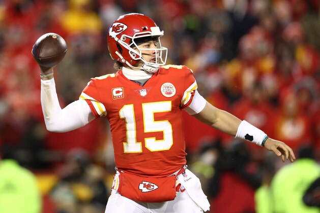 KANSAS CITY, MISSOURI - JANUARY 20: Patrick Mahomes #15 of the Kansas City Chiefs throws a pass in the first half against the New England Patriots during the AFC Championship Game at Arrowhead Stadium on January 20, 2019 in Kansas City, Missouri. (Photo by Ronald Martinez/Getty Images)