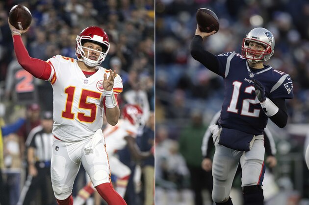 FILE - At left, in a Nov. 19, 2018, file photo, Kansas City Chiefs quarterback Patrick Mahomes throws a pass during an NFL football game against the Los Angeles Rams in Los Angeles. At right, in a Dec. 30, 2018, file photo, New England Patriots quarterback Tom Brady throws during the second half of an NFL football game in Foxborough, Mass. It seems football fans everywhere are suddenly on the Chiefs’ bandwagon, enthralled by their record-setting young quarterback and exciting offensive playmakers while hopeful that their amiable old coach can finally win the big one. Then again, maybe they’re just fans of anybody facing New England.(AP Photo/File)