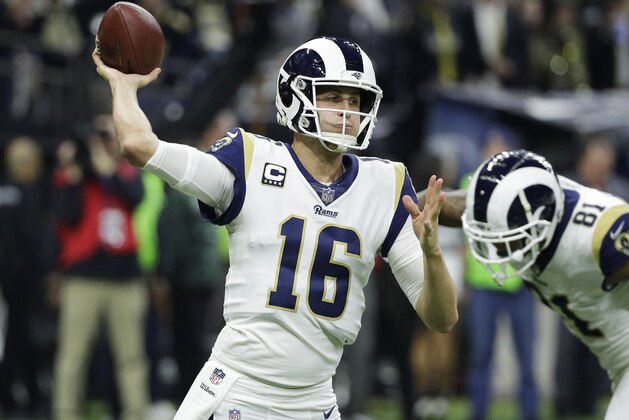 Los Angeles Rams' Jared Goff throws during the first half of the NFL football NFC championship game against the New Orleans Saints, Sunday, Jan. 20, 2019, in New Orleans. (AP Photo/David J. Phillip)