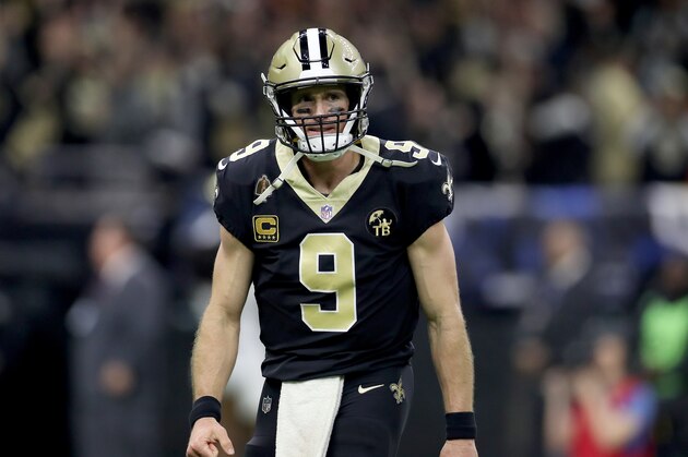 NEW ORLEANS, LOUISIANA - JANUARY 20: Drew Brees #9 of the New Orleans Saints celebrates a touchdown scored by Taysom Hill #7 against the Los Angeles Rams during the third quarter in the NFC Championship game at the Mercedes-Benz Superdome on January 20, 2019 in New Orleans, Louisiana. (Photo by Jonathan Bachman/Getty Images)
