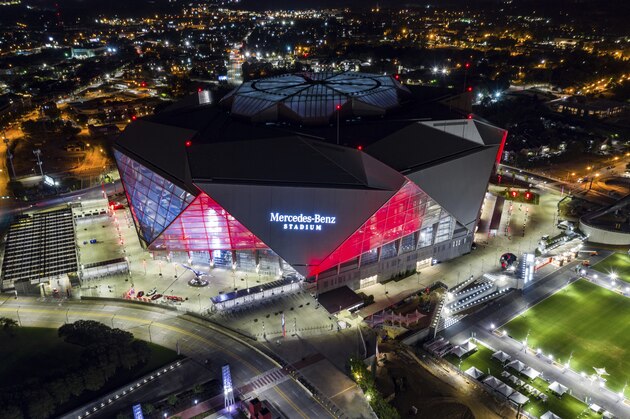 Mercedes-Benz Stadium is seen in this aerial photo in Atlanta on Friday, Sep. 21, 2018. The stadium will be the site of Super Bowl LIII on Sunday, Feb. 3, 2019. (AP Photo/Danny Karnik)