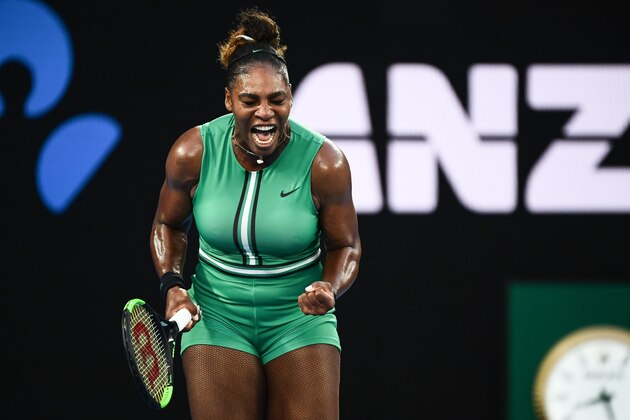 Serena Williams of the US reacts after a point against Romania's Simona Halep during their women's singles match on day eight of the Australian Open tennis tournament in Melbourne on January 21, 2019. (Photo by Jewel SAMAD / AFP) / -- IMAGE RESTRICTED TO EDITORIAL USE - STRICTLY NO COMMERCIAL USE --        (Photo credit should read JEWEL SAMAD/AFP/Getty Images)