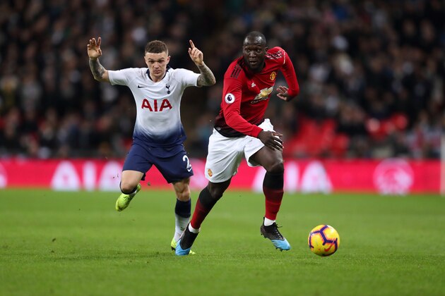 LONDON, ENGLAND - JANUARY 13: Kieran Trippier of Tottenham and Romelu Lukaku of Manchester United during the Premier League match between Tottenham Hotspur and Manchester United at Wembley Stadium on January 13, 2019 in London, United Kingdom. (Photo by James Williamson - AMA/Getty Images)