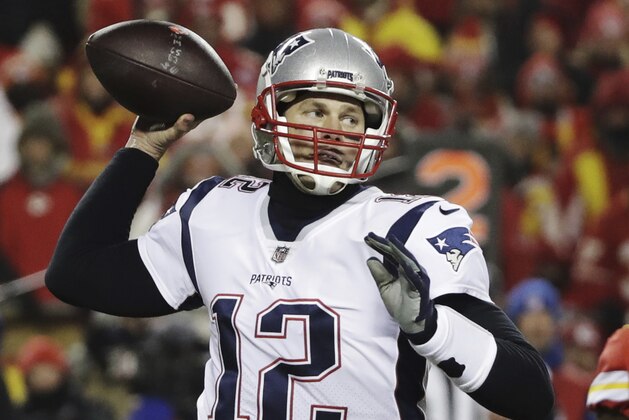New England Patriots quarterback Tom Brady (12) throws a pass during the second half of the AFC Championship NFL football game against the Kansas City Chiefs, Sunday, Jan. 20, 2019, in Kansas City, Mo. (AP Photo/Elise Amendola)