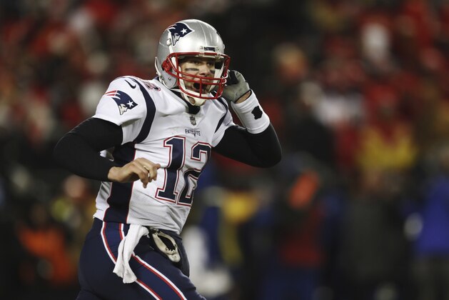 New England Patriots quarterback Tom Brady (12) celebrates after defeating the Kansas City Chiefs in the AFC Championship NFL football game, Sunday, Jan. 20, 2019, in Kansas City, Mo. (AP Photo/Jeff Roberson)