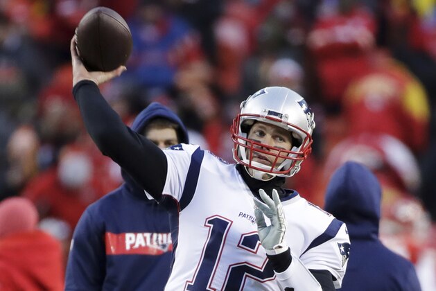 New England Patriots quarterback Tom Brady warms up before the AFC Championship NFL football game against the Kansas City Chiefs, Sunday, Jan. 20, 2019, in Kansas City, Mo. (AP Photo/Elise Amendola)
