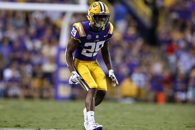 BATON ROUGE, LA - SEPTEMBER 22:  Greedy Williams #29 of the LSU Tigers defends during a game against the Louisiana Tech Bulldogs at Tiger Stadium on September 22, 2018 in Baton Rouge, Louisiana.  (Photo by Jonathan Bachman/Getty Images)