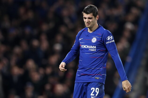 Chelsea's Alvaro Morata reacts after scoring his side's second goal during the English FA Cup third round soccer match between Chelsea and Nottingham Forest at Stamford Bridge in London, Saturday, Jan. 5, 2019. (AP Photo/Alastair Grant)