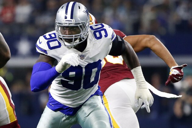 FILE - In this Thursday, Nov. 22, 2018, file photo, Dallas Cowboys defensive end Demarcus Lawrence (90) during the first half of an NFL football game against the Washington Redskins in Arlington, Texas. Lawrence may not get to last year's career high of 14-1/2 sacks, but the Dallas defensive end is doing plenty to earn another big payday, one way or another.  (AP Photo/Ron Jenkins, File)