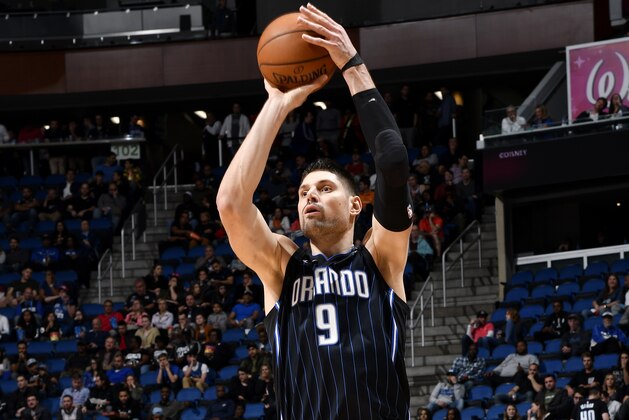 ORLANDO, FL - JANUARY 18: Nikola Vucevic #9 of the Orlando Magic shoots the ball against the Brooklyn Nets on January 18, 2019 at Amway Center in Orlando, Florida. NOTE TO USER: User expressly acknowledges and agrees that, by downloading and or using this photograph, User is consenting to the terms and conditions of the Getty Images License Agreement. Mandatory Copyright Notice: Copyright 2019 NBAE (Photo by Fernando Medina/NBAE via Getty Images)