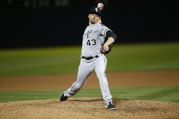 OAKLAND, CA - APRIL 16: Danny Farquhar #43 of the Chicago White Sox pitches during the game against the Oakland Athletics at the Oakland Alameda Coliseum on April 16, 2018 in Oakland, California. The Athletics defeated the White Sox 8-1. (Photo by Michael Zagaris/Oakland Athletics/Getty Images)  *** Local Caption *** Danny Farquhar
