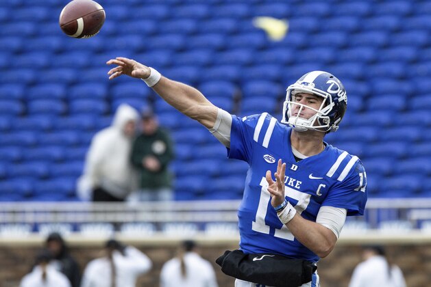Duke Quarterback Daniel Jones makes a pass during the second half of an NCAA college football game in Durham, N.C., Saturday, Nov. 24, 2018. (AP Photo/Ben McKeown)