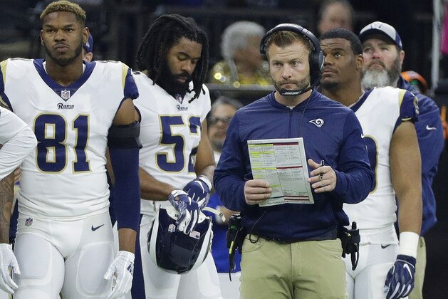 Los Angeles Rams head coach Sean McVay watches during the first half of the NFL football NFC championship game against the New Orleans Saints, Sunday, Jan. 20, 2019, in New Orleans. (AP Photo/David J. Phillip)