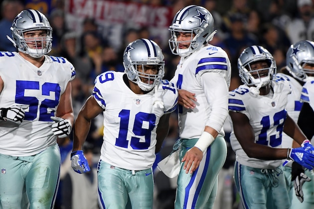 LOS ANGELES, CA - JANUARY 12:  Amari Cooper #19 of the Dallas Cowboys celebrates a 29 yard touchdown pass from Dak Prescott #4 in the first quarter against the Los Angeles Rams in the NFC Divisional Playoff game at Los Angeles Memorial Coliseum on January 12, 2019 in Los Angeles, California.  (Photo by Harry How/Getty Images)