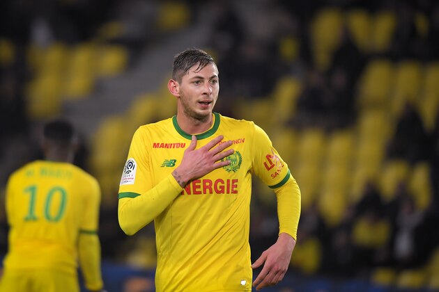 Nantes' Argentinian forward Emiliano Sala gestures during the French L1 football match Nantes vs Montpellier at the La Beaujoire stadium in Nantes, western France, on January 8, 2019. (Photo by LOIC VENANCE / AFP)        (Photo credit should read LOIC VENANCE/AFP/Getty Images)