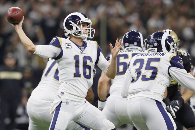 NEW ORLEANS, LOUISIANA - JANUARY 20: Jared Goff #16 of the Los Angeles Rams throws a pass against the New Orleans Saints during the second quarter in the NFC Championship game at the Mercedes-Benz Superdome on January 20, 2019 in New Orleans, Louisiana. (Photo by Jonathan Bachman/Getty Images)