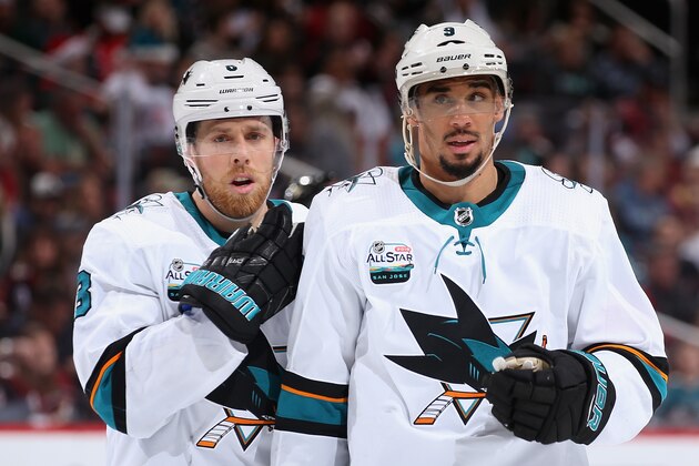 GLENDALE, ARIZONA - DECEMBER 08:  Joe Pavelski #8 and Evander Kane #9 of the San Jose Sharks during the third period of the NHL game against the Arizona Coyotes at Gila River Arena on December 8, 2018 in Glendale, Arizona. The Sharks defeated the Coyotes 5-3. (Photo by Christian Petersen/Getty Images)