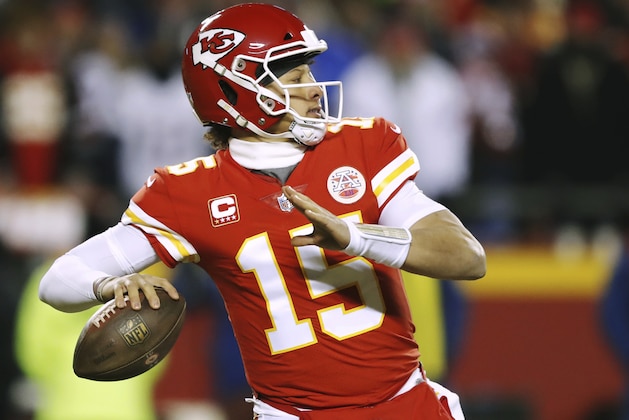 Kansas City Chiefs quarterback Patrick Mahomes throws a pass during the first half of the AFC Championship NFL football game against the New England Patriots, Sunday, Jan. 20, 2019, in Kansas City, Mo. (AP Photo/Charlie Neibergall) Kansas City Chiefs quarterback Patrick Mahomes throws a pass during the first half of the AFC Championship NFL football game against the New England Patriots, Sunday, Jan. 20, 2019, in Kansas City, Mo. (AP Photo/Charlie Neibergall)
