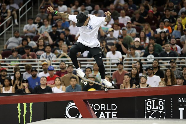 LOS ANGELES, CA - JULY 07: Nyjah Huston skates during the final heat of Street League Skateboarding: Los Angeles on July 7, 2018 in Los Angeles, California. (Photo by Joe Scarnici/Getty Images)