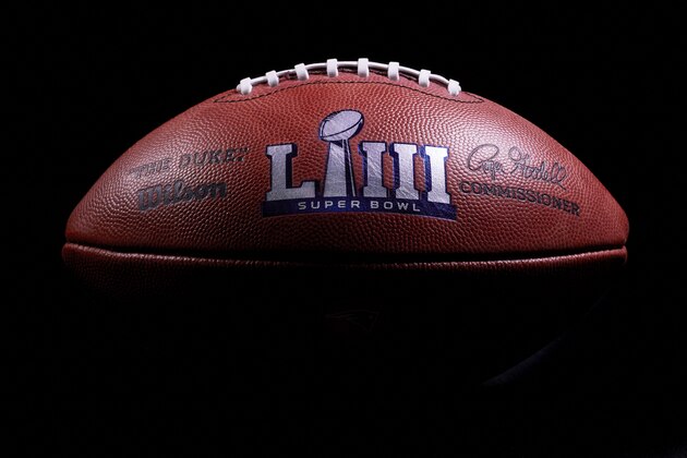 An official football for the NFL Super Bowl LIII game that was made at the Wilson Sporting Goods Co.is displayed in Ada, Ohio, Monday, Jan. 21, 2019. The Los Angeles Rams will play the New England Patriots in the Super Bowl on Feb. 3, in Atlanta, Ga. (AP Photo/Rick Osentoski)