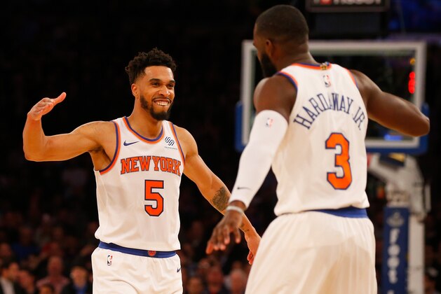 NEW YORK, NY - NOVEMBER 13:  (NEW YORK DAILIES OUT)    Courtney Lee #5 and Tim Hardaway Jr. #3 of the New York Knicks in action against the Cleveland Cavaliers at Madison Square Garden on November 13, 2017 in New York City. The Cavaliers defeated the Knicks 104-101. NOTE TO USER: User expressly acknowledges and agrees that, by downloading and/or using this Photograph, user is consenting to the terms and conditions of the Getty Images License Agreement.  (Photo by Jim McIsaac/Getty Images)