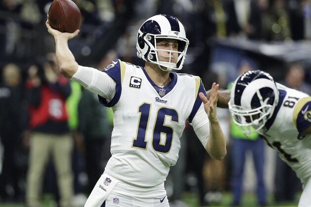 Los Angeles Rams' Jared Goff throws during the first half of the NFL football NFC championship game against the New Orleans Saints, Sunday, Jan. 20, 2019, in New Orleans. (AP Photo/David J. Phillip)
